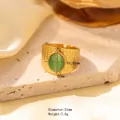 Gold titanium steel wide ring with oval green gemstone and vintage textured finish - Adjustable Open / JOM25028-Gold Oval Green Stone Textured