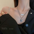 Collar de doble capa plateado con placa Dream y colgante cuadrado de tablero de ajedrez - Estilo Oval Dream Cuadros (2# Collar. Plata Dos Piezas)