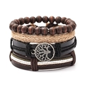 Detail view of multilayer leather bracelets with Tree of Life charm and wooden beads - Retro Natural Multi-color