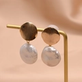Vintage gold drop earrings with natural baroque pearls and emerald accents on silk background - Brushed Round Disc Earrings