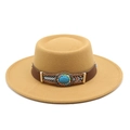 Beige flat brim wool fedora hat with turquoise ethnic pattern decorative band - M (56-58cm) / Camel