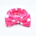 Detail of pink flannel headband with white polka dots and a soft plush decorative bow - Rose Red White Polka Dot