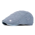Béret rétro bleu clair en denim avec bords en dentelle et motifs floraux à paillettes - Style Floral en Dentelle Denim Bleu Clair / Bleu Clair (Q-280)