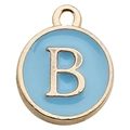 Golden round alphabet charm with light blue enamel finish and letter B for DIY jewelry - Letter B / 1 Piece (12x14mm) / Lake Blue