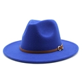 Detail of blue wide brim felt fedora hat featuring a brown leather belt with gold buckle - M (56-58cm) / Blue