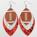 Detail of triple-layer leaf earrings with football leather and glittery sequins - Style 10-Brown Football Silver Red Glitter