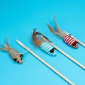 Interactive wooden cat wand with colorful woven mice feathers and small bells for pet play - Scratch Resistant Mouse