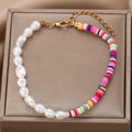 Baroque pearl and rainbow heishi bead bracelet with golden adjustable lobster clasp - Baroque Pearl Rainbow Clay Heishi Bracelet (dz-413)