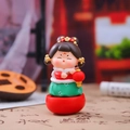 Traditional Chinese girl tumbler figurine in red and green robes holding a red lantern - 1088-45 Carrying Lantern (Small)