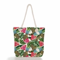 Detail of canvas tote bag showing thick rope handles and tropical watermelon print - Tropical Fruit Leaf Print (ms2018e)
