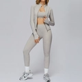 Three-piece heather grey yoga set featuring zip jacket, sports bra and high waist leggings - S / Top And Bottom / White Brown