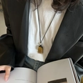 Detailed shot of tiger eye stone pendant with rectangle cut on minimalist black cord - 15# Necklace-Black-Brown-Rectangular Pendant