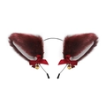 Detailed view of plush burgundy cat ears headband with red bows and gold bells - Wine Red White Inner