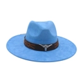 Sky blue western wide brim cattleman hat with brown leather band and silver bull emblem - Colorful Bull Head Ornament / Blue