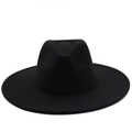Detailed view of the flat wide brim and structured crown of the black wool fedora hat - M (56-58cm) / Black