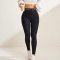 Black high-waisted yoga leggings with white SPORTS letter print on elastic waistband - S / Black