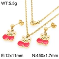 Golden stainless steel jewelry set featuring red enamel cherry pendant necklace and earrings - Red Pink Color Cherry Set (KS225998-Z)