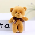 Brown teddy bear plush keychain with a brown silk ribbon and metal ball chain - Brown