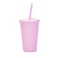 Pink matte plastic tumbler 16oz with double-wall insulation and matching straw - 450ml / Pink I