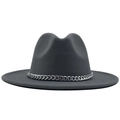 Detail of dark grey felt Panama hat featuring a stylish silver metal chain band trim - Gray