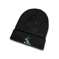 Detail of a black knitted beanie with green dinosaur embroidery and yugur text - M (56-58cm) / Black