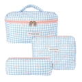 Three-piece quilted makeup bag set with blue gingham pattern and pink bow accents - Blue Small Plaid