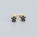 Golden flower star stud earrings with navy blue zircon crystals and screw back - Yellow Gold (Blue Stone)