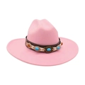 Sombrero vaquero rosa de lana con banda bohemia de gemas y decoración étnica - Rosa