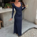 Elegantes dunkelblaues figurbetontes Abendkleid mit V-Ausschnitt und langen Ärmeln - XL / Marineblau