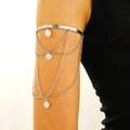 Polished silver arm cuff featuring layered metal chains and round fringe charms - Disc Tassel Style (A-662)