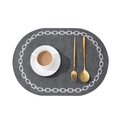 Oval gray faux linen placemat with white chain pattern and heat resistant leather texture - Oval / Dark Gray