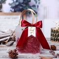 Transparent PVC gift bag with vibrant red silk ribbon bow and wood-texture paper handle - Wine Red Ribbon + Thank You Tag + Raffia