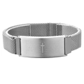 Silver stainless steel mesh bracelet with engraved Spanish Lord's Prayer on metal plate - Steel