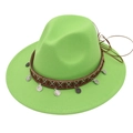 Detail of neon green wide brim fedora with bohemian woven band and silver coin charms - Fruit Green