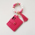 Pink silicone bead bracelet with woven card wallet, gold keychain and fringe tassel - Bright Pink Woven Card Holder with Pink White Beads