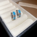 Dettaglio macro di orecchini huggie d'argento con pietre blu in scatola velluto - Stile Pavè Blu Argento / Argento-Blu