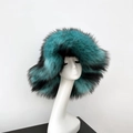 Faux fur winter bucket hat with blue and black striped pattern for warmth - Lake Blue