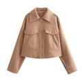 Detail of camel tweed jacket with metal zipper closure and large front flap pockets - Earthy Yellow