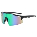Close-up of sleek cycling sunglasses with colorful polarized lenses and black frame - Black Frame Green Mirror