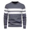 Men's casual round neck sweater in grey and white stripes with waffle knit texture - Gray Blue