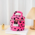 Borsa per cosmetici in peluche rosa con stampa leopardata, manico e cerniera a giro - Rosa Rosso