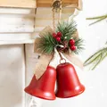 Christmas tree hanging ornament with red metal bells and burlap bow decoration - Smooth Red Open Double Bells