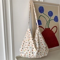 Minimalist canvas tote bag featuring brown bear and colorful floral prints with long straps - Flower Bear