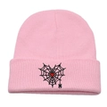 Rosa Gothic Strickmütze mit rotem Herz und Spinnennetz-Stickerei im Punk-Stil - M (56-58cm) / Rosa