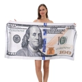 Microfiber beach towel with detailed 100 US dollar bill print held by a model - 80*160cm / Old US Dollar Bill