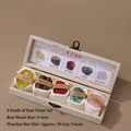 Raw crystal set with 5 gemstones in a wooden box, includes magnifier and guidebook - Raw Stone Long Wooden Box Set