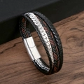 Bracelet multicouche pour homme en cuir tressé avec chaîne argentée et fermoir aimanté - Noir + Argent