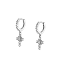 Detailed macro view of silver hoop earrings with sparkling cubic zirconia cross pendants - Cross Pendant Hoop-Silver