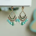 Détails de créoles bohèmes plaquées or avec des pompons en perles et des motifs coquillages - Argent-Vert(2#)