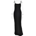 Detail of slim fit black backless maxi dress with thin straps on professional mannequin - S / Black